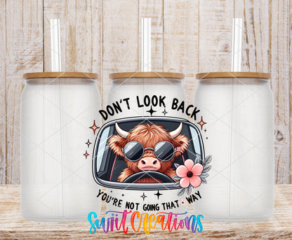 Do Not Look Back Cow frosted glass tumbler mockup with bamboo lids and straws