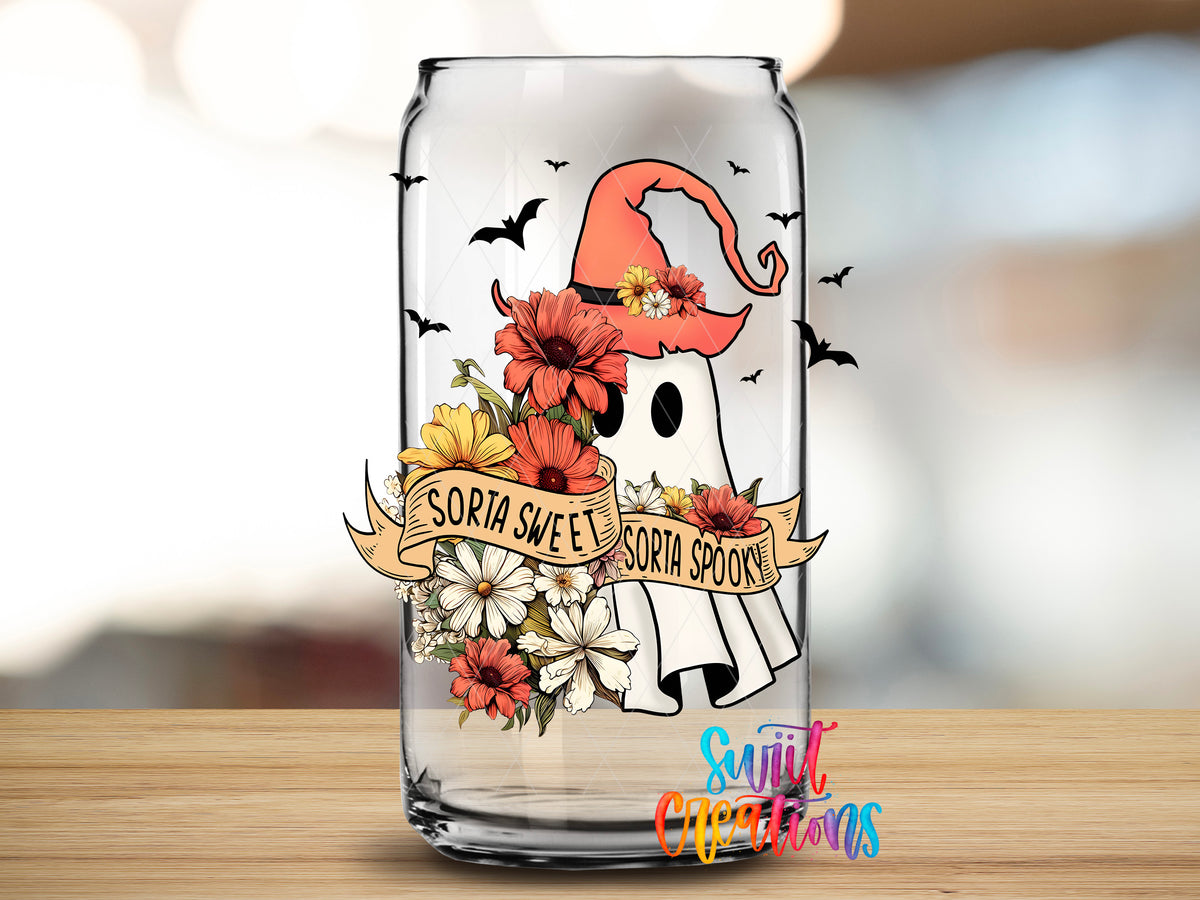 Sorta Sweet Sorta Spooky design close-up on a clear glass can tumbler