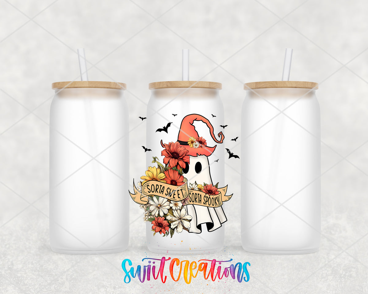 Sorta Sweet Sorta Spooky frosted glass tumbler group view with lids and straws