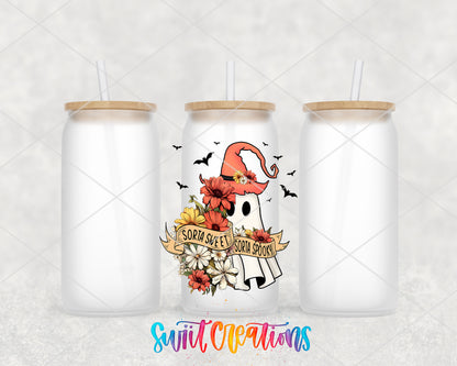 Sorta Sweet Sorta Spooky frosted glass tumbler group view with lids and straws