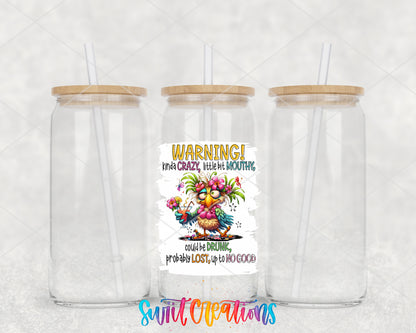 Warning Kinda Crazy clear glass tumbler group mockup with bamboo lids and straws