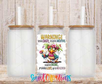 Warning Kinda Crazy frosted glass tumbler mockup with bamboo lids and straws
