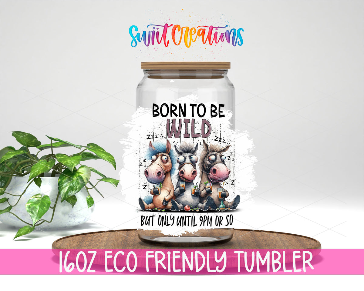 Born to Be Wild Cows design on a 16 oz clear glass tumbler with bamboo lid