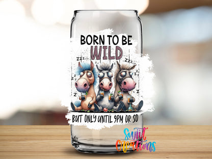 Born to Be Wild Cows design close-up on a clear glass can tumbler
