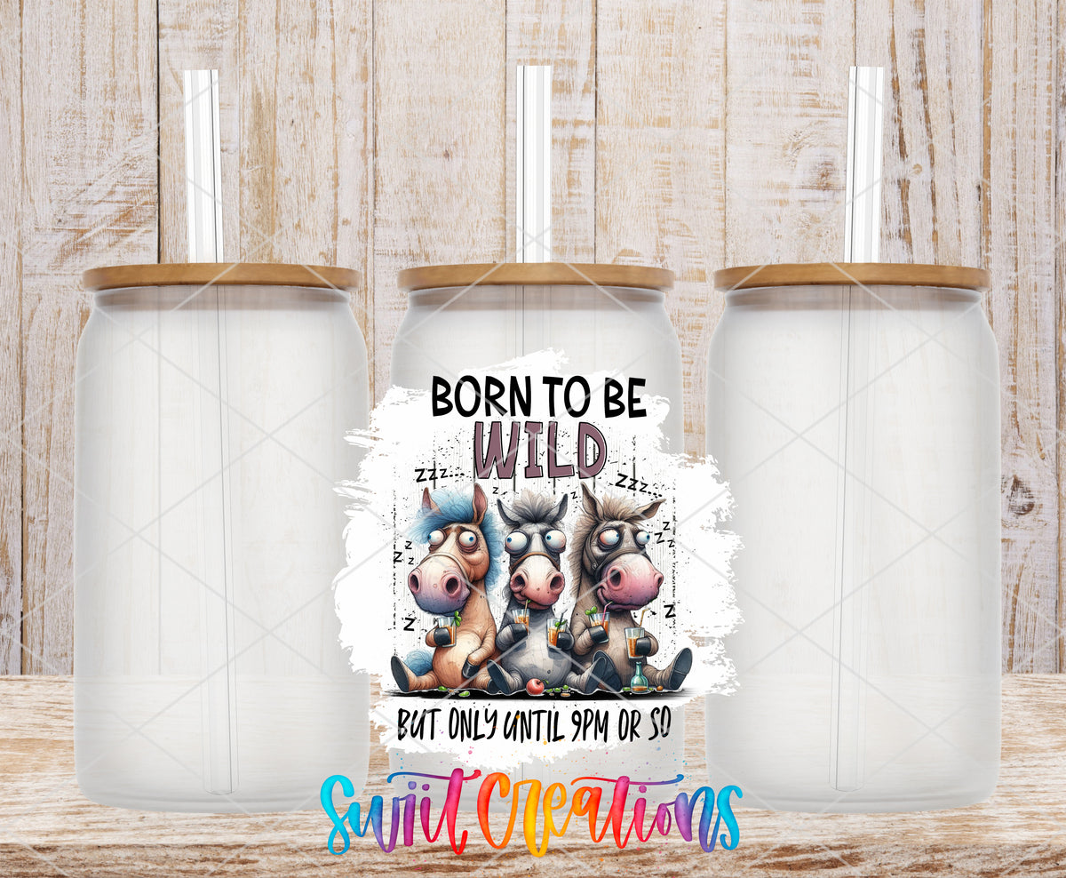 Born to Be Wild Cows frosted glass tumbler mockup with bamboo lids and straws