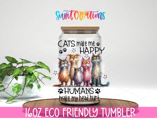 Cats Make Me Happy design on a 16 oz clear glass tumbler with bamboo lid