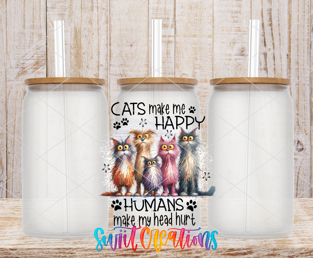 Cats Make Me Happy frosted glass tumbler mockup with bamboo lids and straws