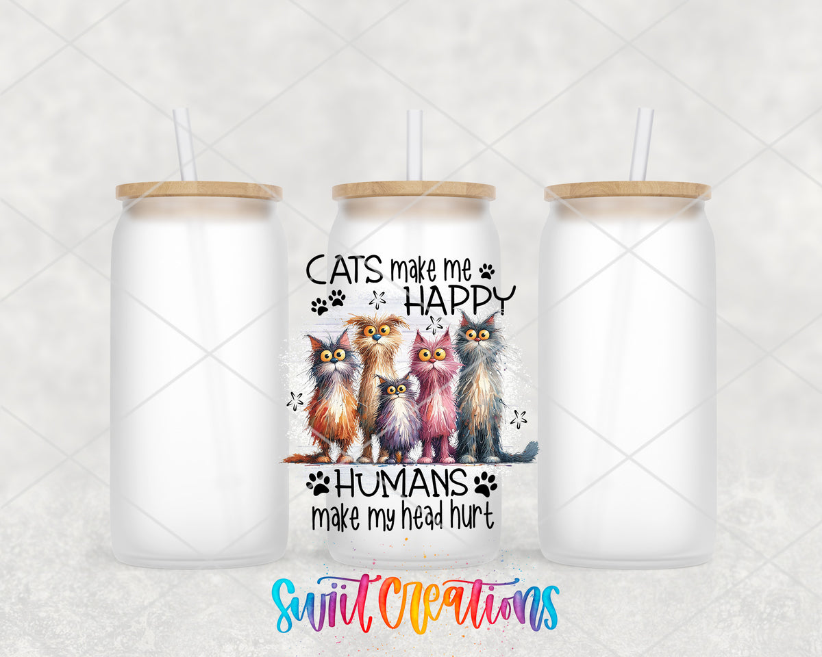 Cats Make Me Happy frosted glass tumbler group view with lids and straws