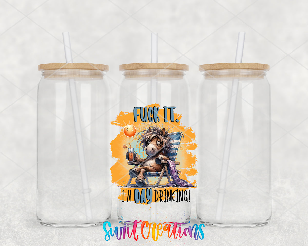 Fuck It I Am Day Drinking clear glass tumbler group mockup with bamboo lids and straws