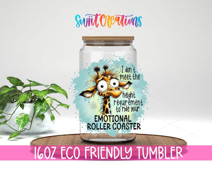 Emotional Roller Coaster Giraffe design on a 16 oz clear glass tumbler with bamboo lid