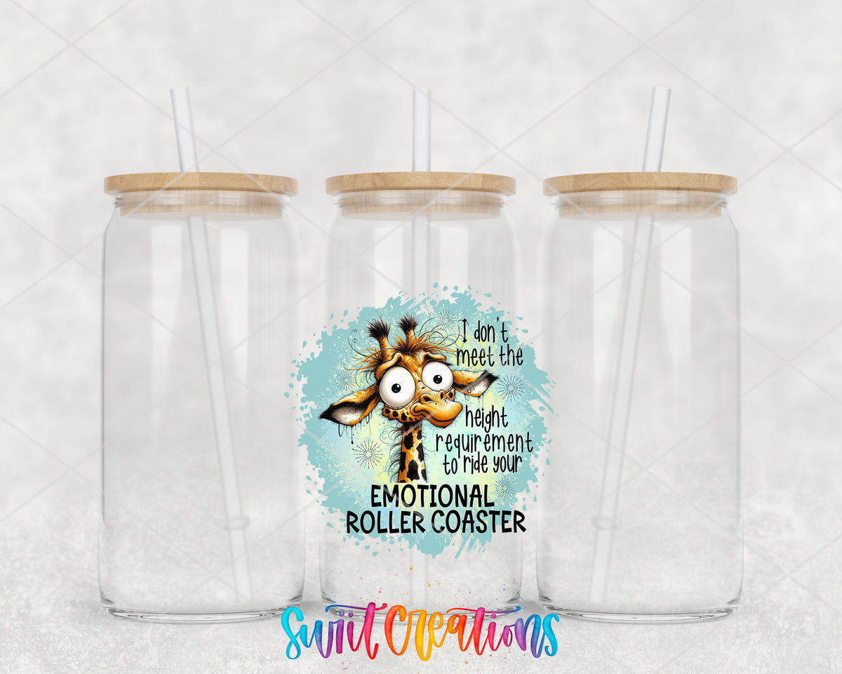 Emotional Roller Coaster Giraffe clear glass tumbler group mockup with bamboo lids and straws