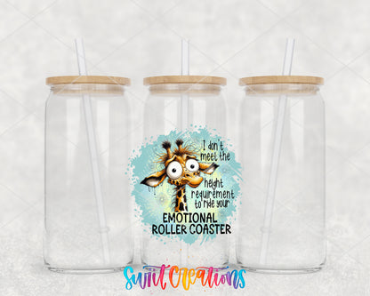Emotional Roller Coaster Giraffe clear glass tumbler group mockup with bamboo lids and straws