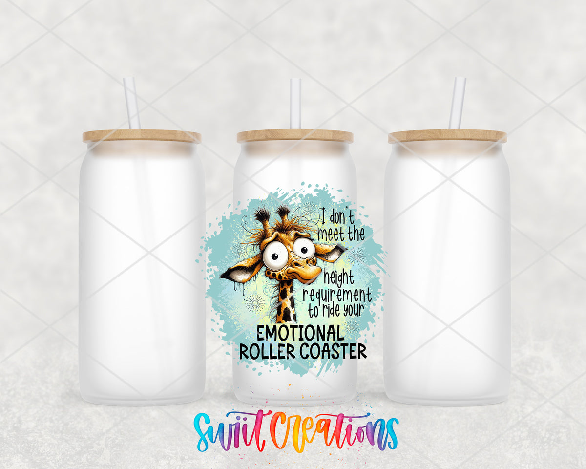 Emotional Roller Coaster Giraffe frosted glass tumbler group view with lids and straws