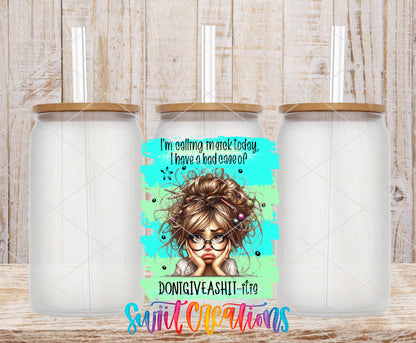 Calling In Sick Today frosted glass tumbler mockup with bamboo lids and straws