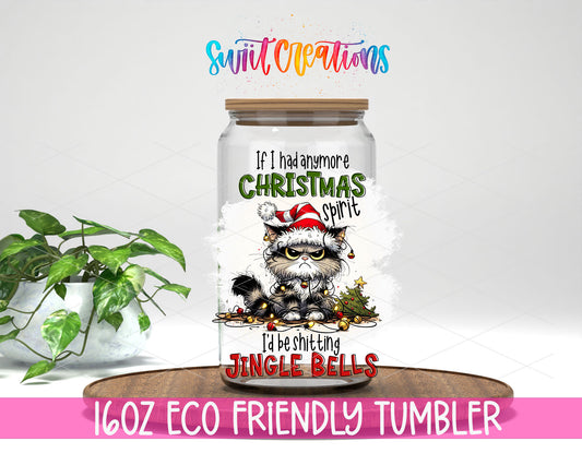 Christmas Spirit Jingle Bells design on a 16 oz clear glass tumbler with bamboo lid