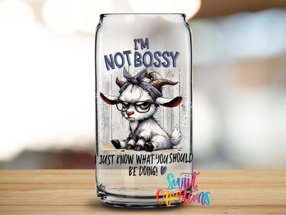 I Am Not Bossy Cow design close-up on a clear glass can tumbler