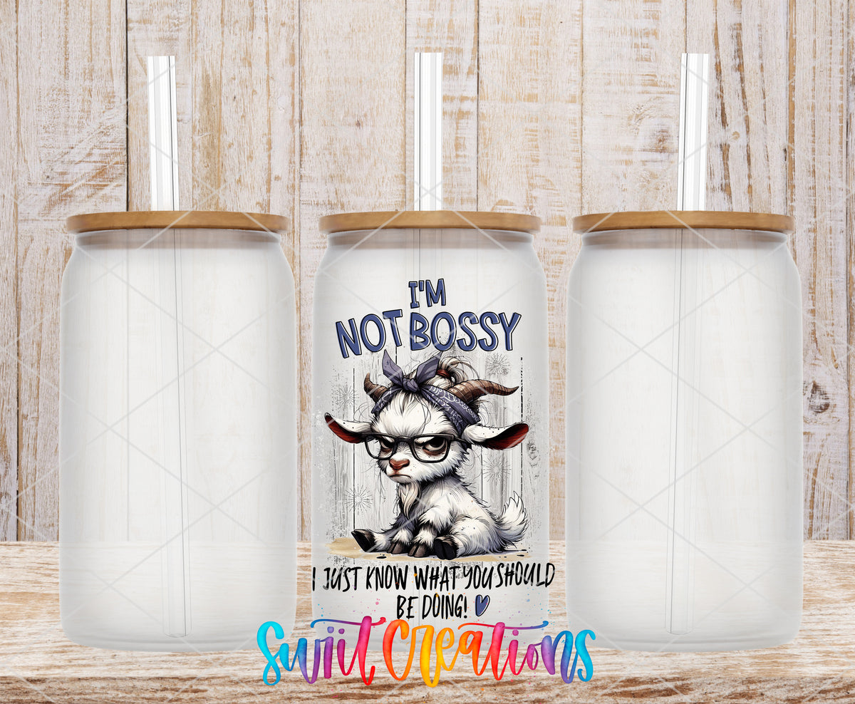 I Am Not Bossy Cow frosted glass tumbler mockup with bamboo lids and straws