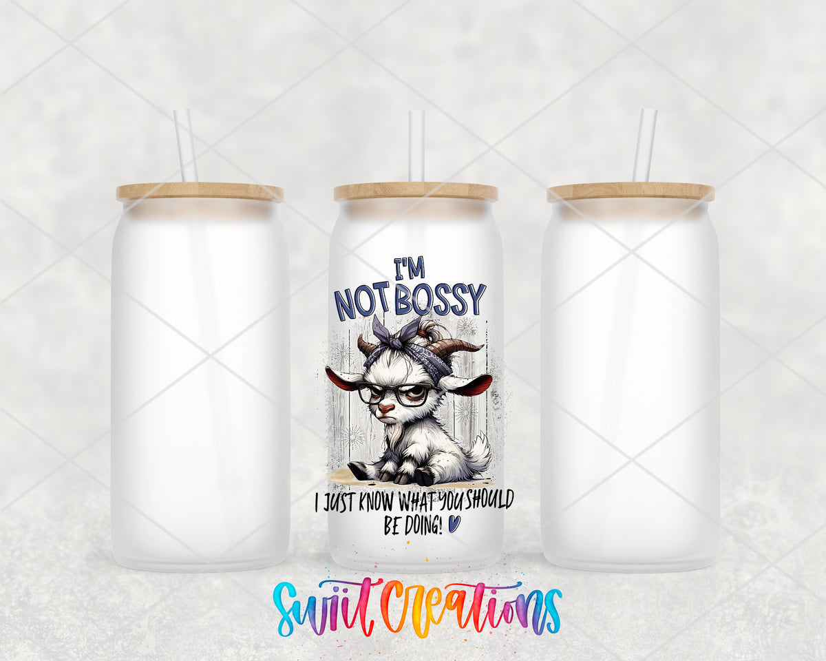 I Am Not Bossy Cow frosted glass tumbler group view with lids and straws