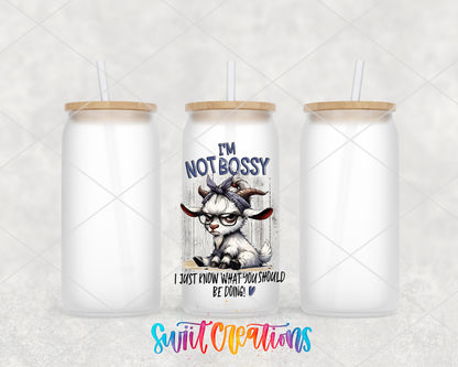 I Am Not Bossy Cow frosted glass tumbler group view with lids and straws