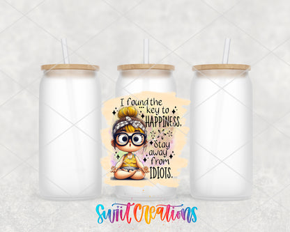 Key to Happiness frosted glass tumbler group view with lids and straws