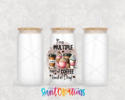 Multiple Cups of Coffee frosted glass tumbler group view with lids and straws