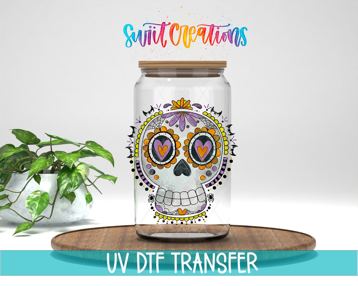 Halloween Sugar Skull Spooky Floral UV DTF transfer displayed on a clear jar mockup from Swiit Creations