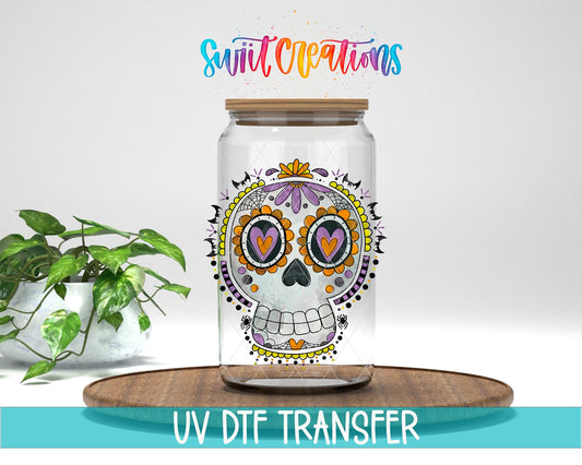 Halloween Sugar Skull Spooky Floral UV DTF transfer displayed on a clear jar mockup from Swiit Creations