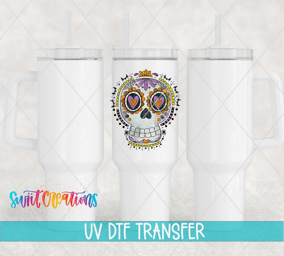 Halloween Sugar Skull Spooky Floral UV DTF transfer applied to a white tumbler set from Swiit Creations