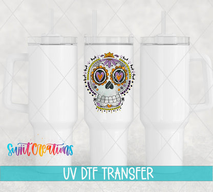 Halloween Sugar Skull Spooky Floral UV DTF transfer applied to a white tumbler set from Swiit Creations