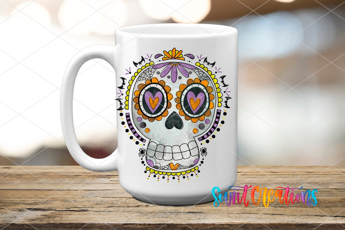 Halloween Sugar Skull Spooky Floral UV DTF transfer displayed on a white ceramic mug from Swiit Creations