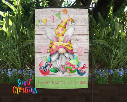 Happy Easter Gnomies Yard Flag | Bunny Gnome Garden Flag with Easter Eggs, Tulips, & Spring Banner | Outdoor Decor | YF62 - Swiit Creations