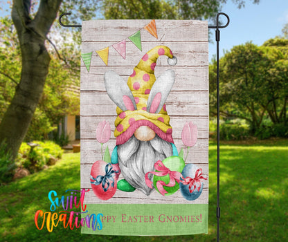 Happy Easter Gnomies Yard Flag | Bunny Gnome Garden Flag with Easter Eggs, Tulips, & Spring Banner | Outdoor Decor | YF62 - Swiit Creations