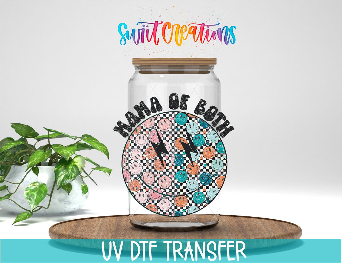 Happy Face Mom of Both UV DTF transfer displayed on a clear jar mockup from Swiit Creations
