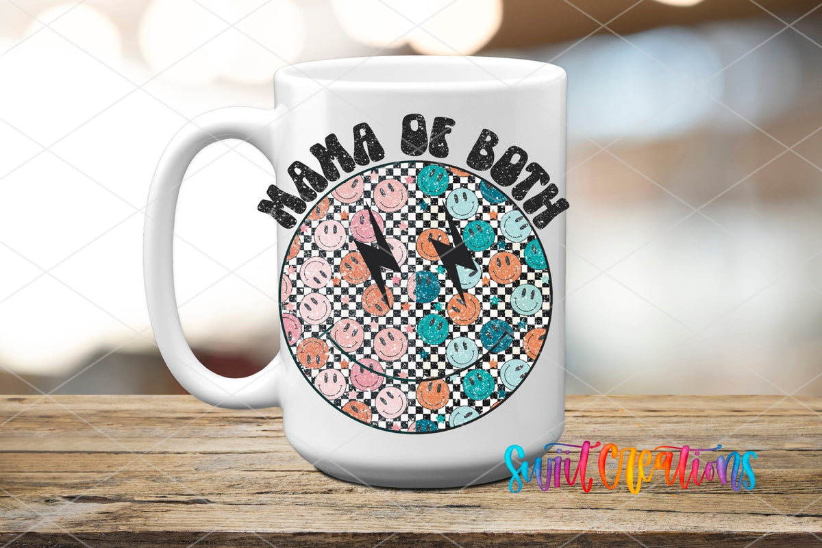 Happy Face Mom of Both UV DTF transfer displayed on a white ceramic mug from Swiit Creations