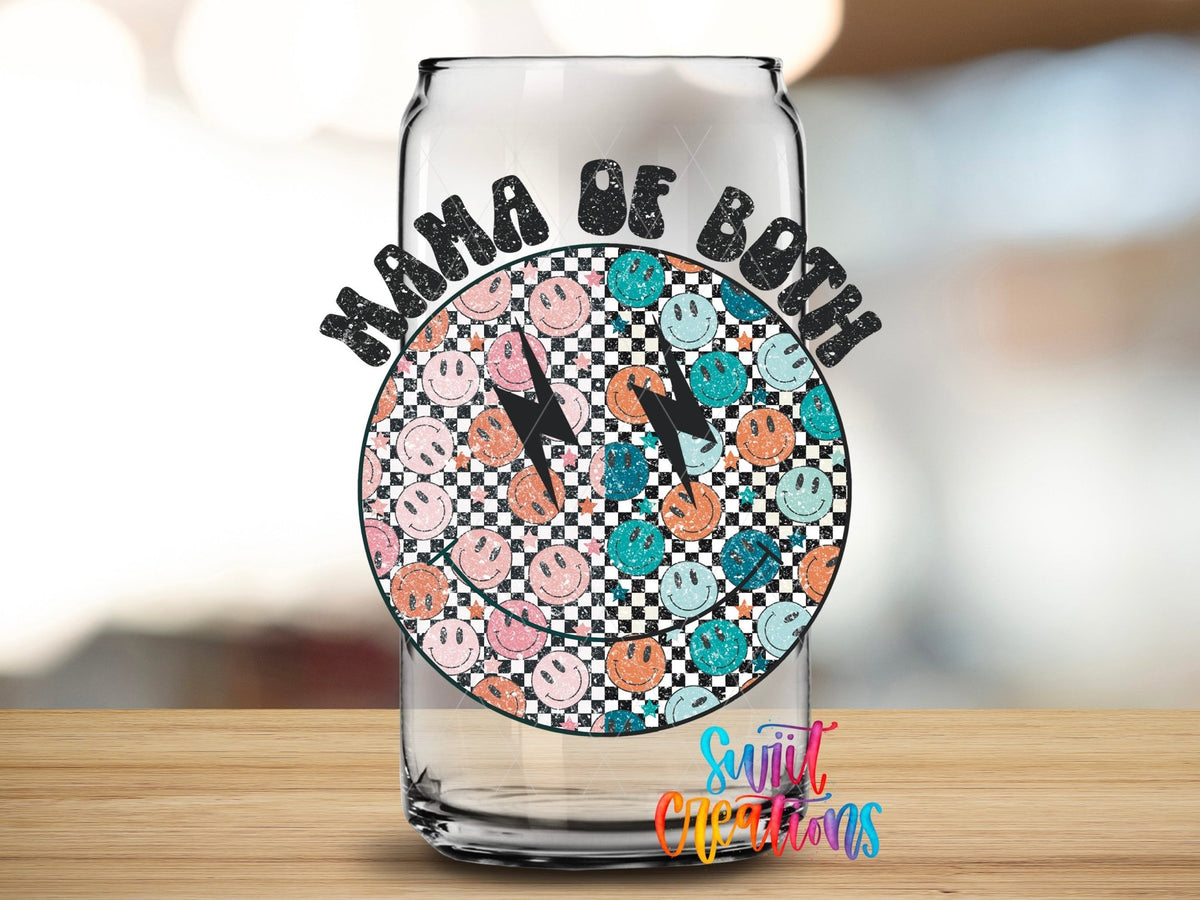 Happy Face Mom of Both UV DTF transfer applied to a clear glass can from Swiit Creations