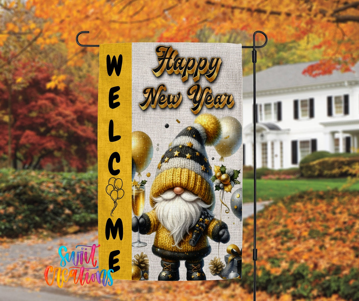 Happy New Year Yard Flag | Gnome Garden Flag | Gold Black Holiday Decor | YF76 - Swiit Creations