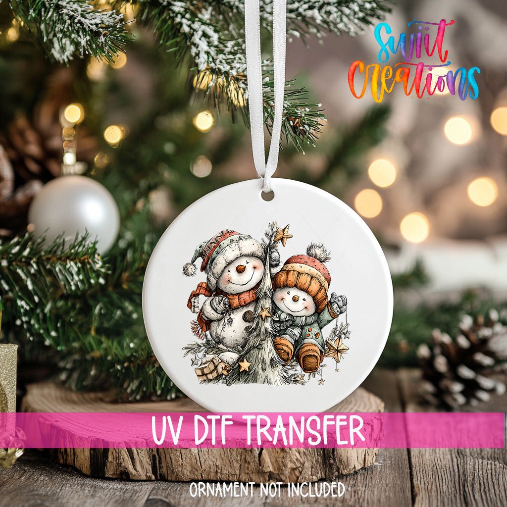 Happy Snowman with Christmas Tree UV DTF Ornament Transfer | O-1707 - Swiit Creations