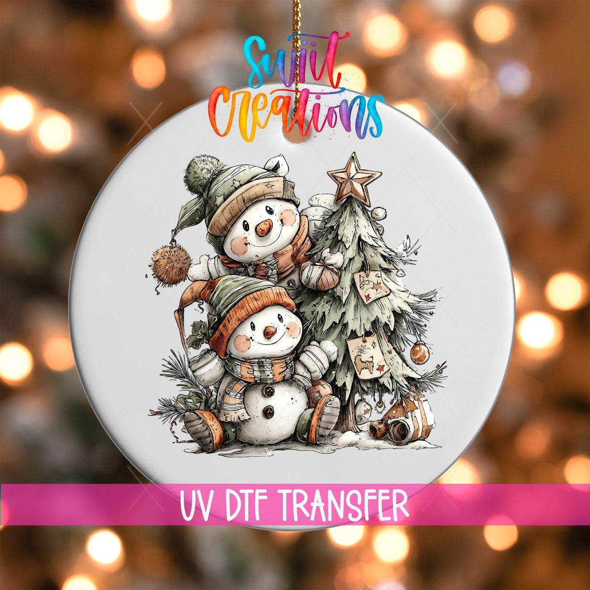 Happy Snowman with Christmas Tree UV DTF Ornament Transfer | O-1717 - Swiit Creations