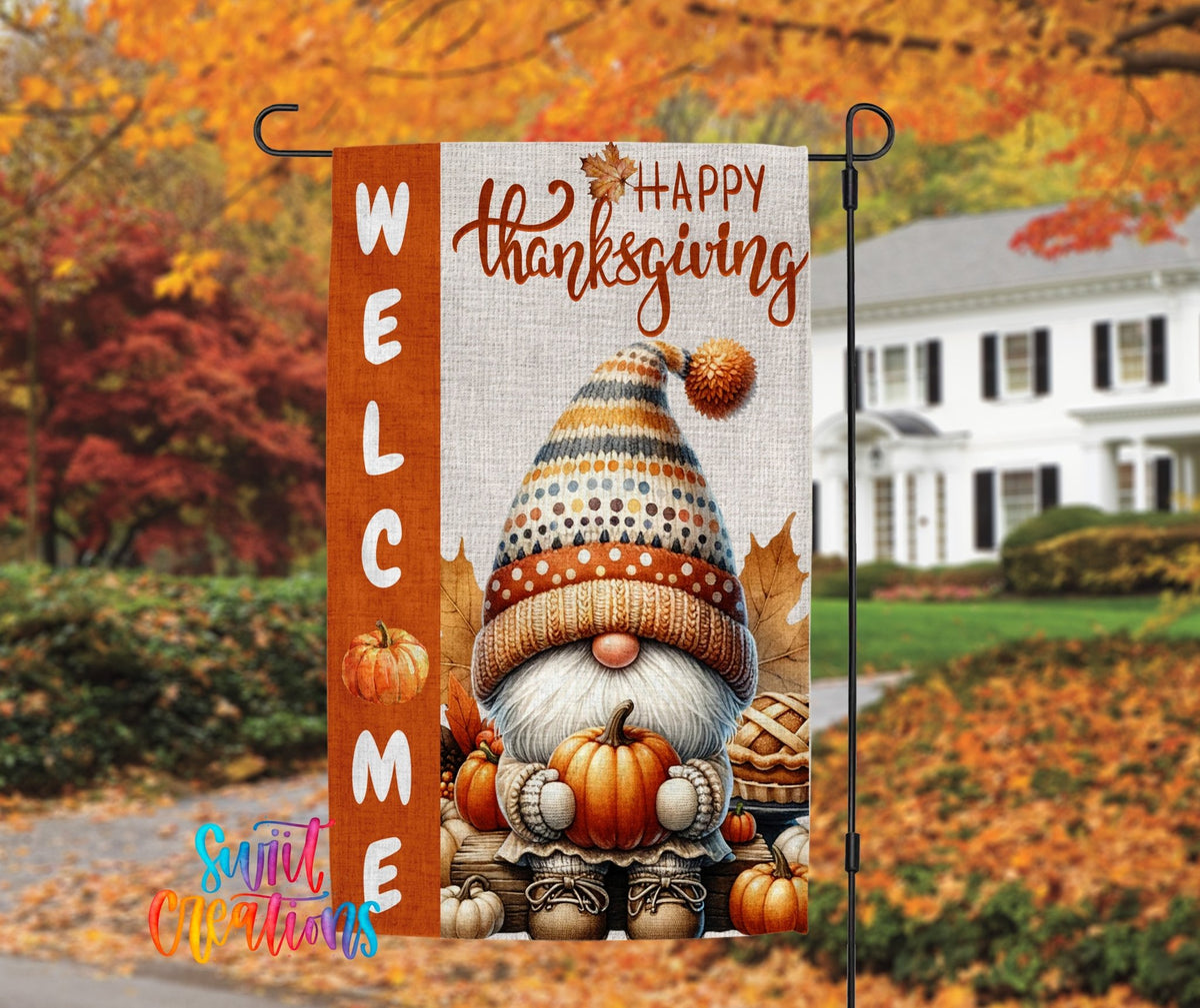 Happy Thanksgiving Yard Flag | Fall Gnome Garden Flag with Pumpkins | Cute Outdoor Autumn Decor | YF80 - Swiit Creations