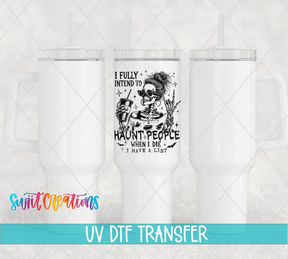 Haunt People Skeleton UV DTF transfer applied to a white tumbler set from Swiit Creations