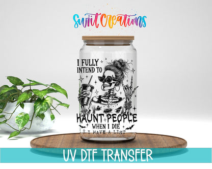 Haunt People Skeleton UV DTF transfer displayed on a clear jar mockup from Swiit Creations