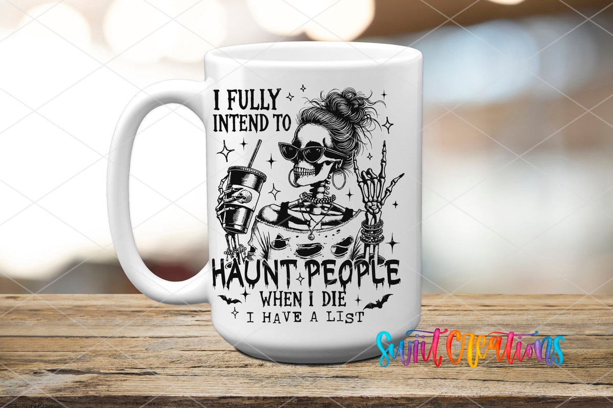 Haunt People Skeleton UV DTF transfer displayed on a white ceramic mug from Swiit Creations