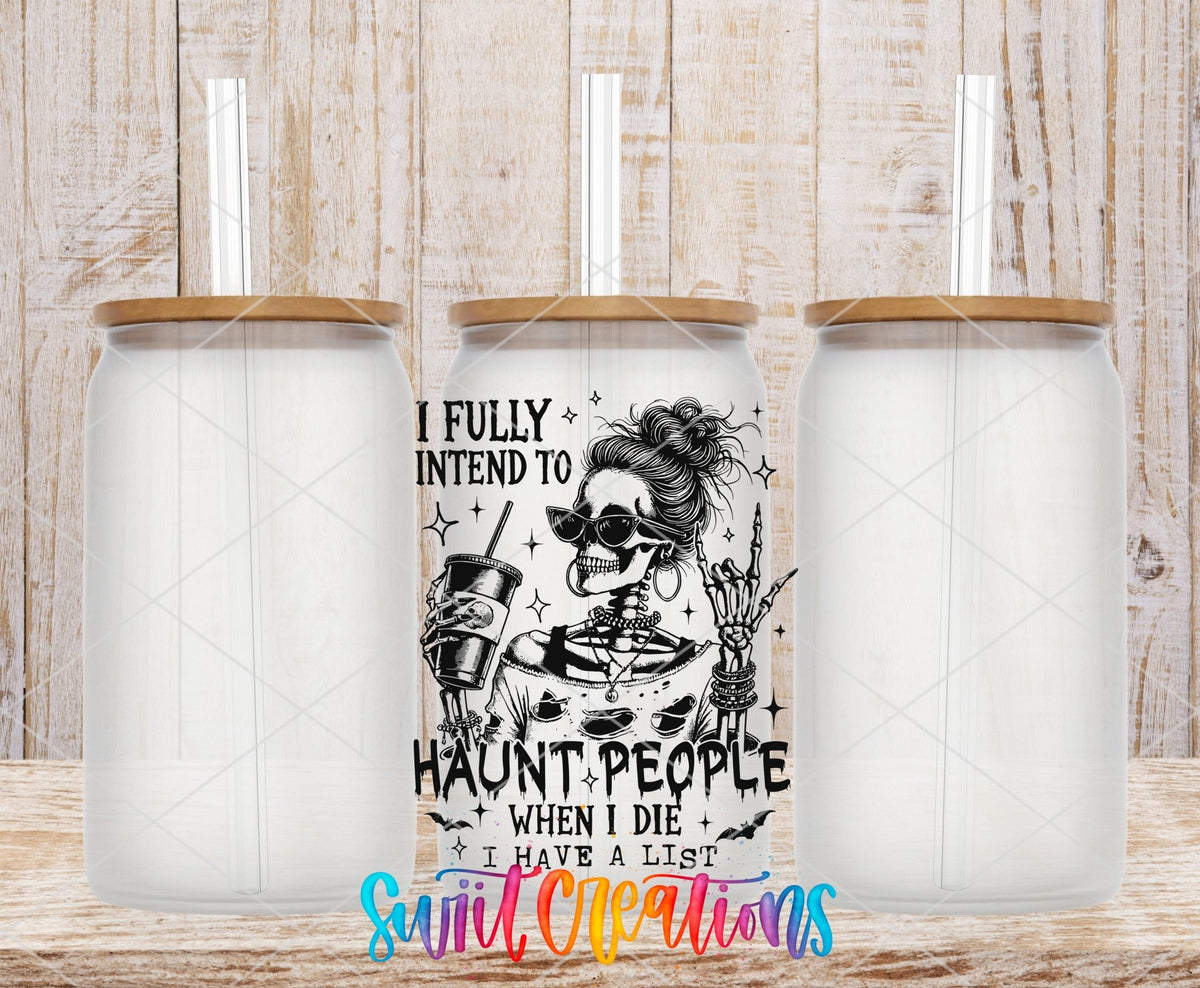 Haunt People Skeleton UV DTF transfer applied to a clear glass can set from Swiit Creations
