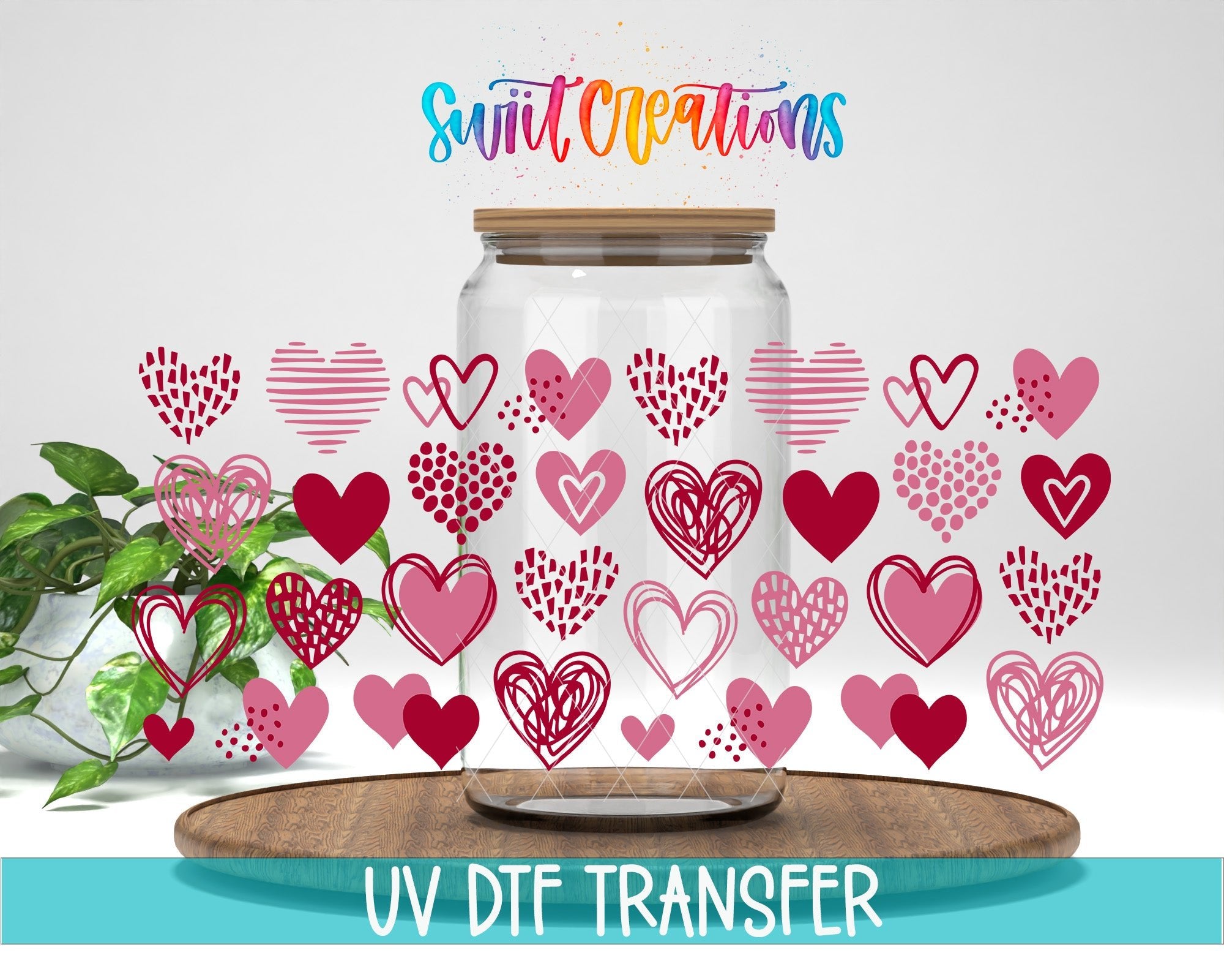 Heart Doodle UV DTF Transfer Tumbler Wrap | Pink Red Valentine Hearts Cup Decal | DTF252 - Swiit Creations