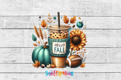 Hello Fall Iced Coffee UV DTF transfer shown as a full artwork preview from Swiit Creations