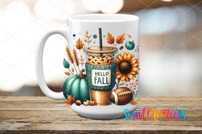 Hello Fall Iced Coffee UV DTF transfer displayed on a white ceramic mug from Swiit Creations