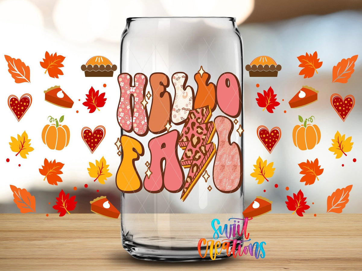 Hello Fall UV DTF Transfer Tumbler Wrap | Retro Autumn Leopard Pumpkin Cup Decal | DTF159 - Swiit Creations