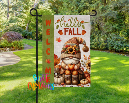 Hello Fall Yard Flag | Adorable Gnome Autumn Garden Flag with Pumpkins and Sunflowers | Outdoor Porch Decor | YF85 - Swiit Creations