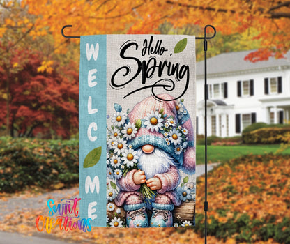 Hello Spring Gnome Yard Flag with Daisies | Pastel Easter Garden Decoration | Cute Springtime Outdoor Yard Banner | YF78 - Swiit Creations