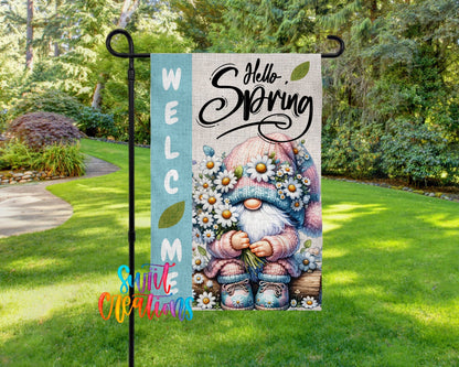 Hello Spring Gnome Yard Flag with Daisies | Pastel Easter Garden Decoration | Cute Springtime Outdoor Yard Banner | YF78 - Swiit Creations